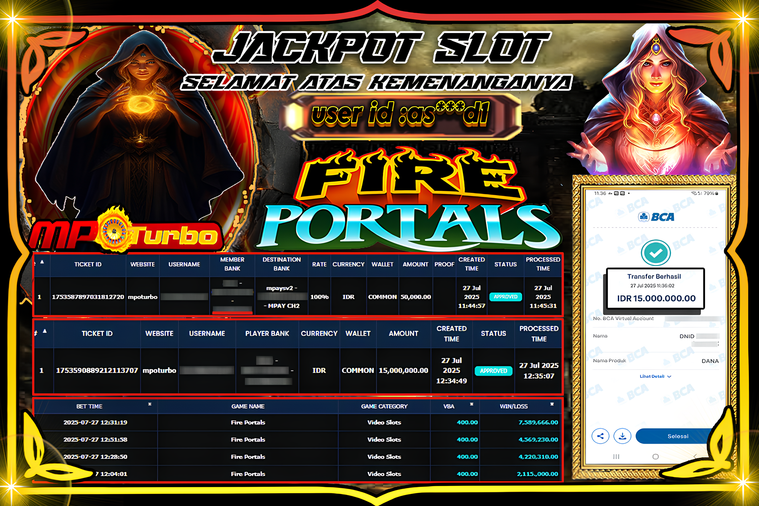 MPOTURBO JACKPOT FIRE PORTALS Rp15,000.000.00,- LUNAS